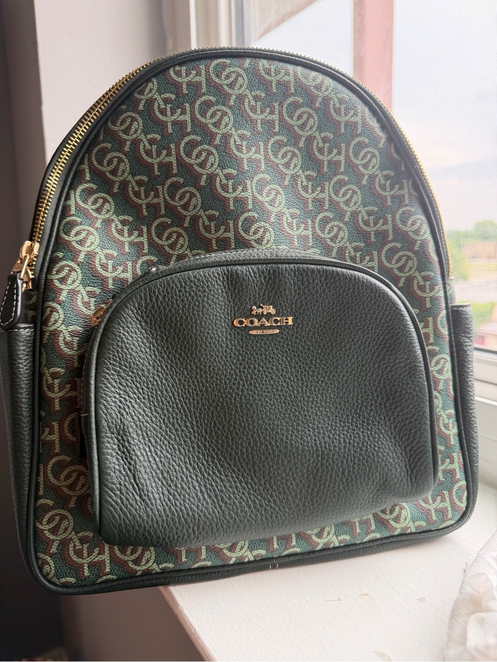 Coach Green Signature Monogram Backpack with Pebbled Front Pocket